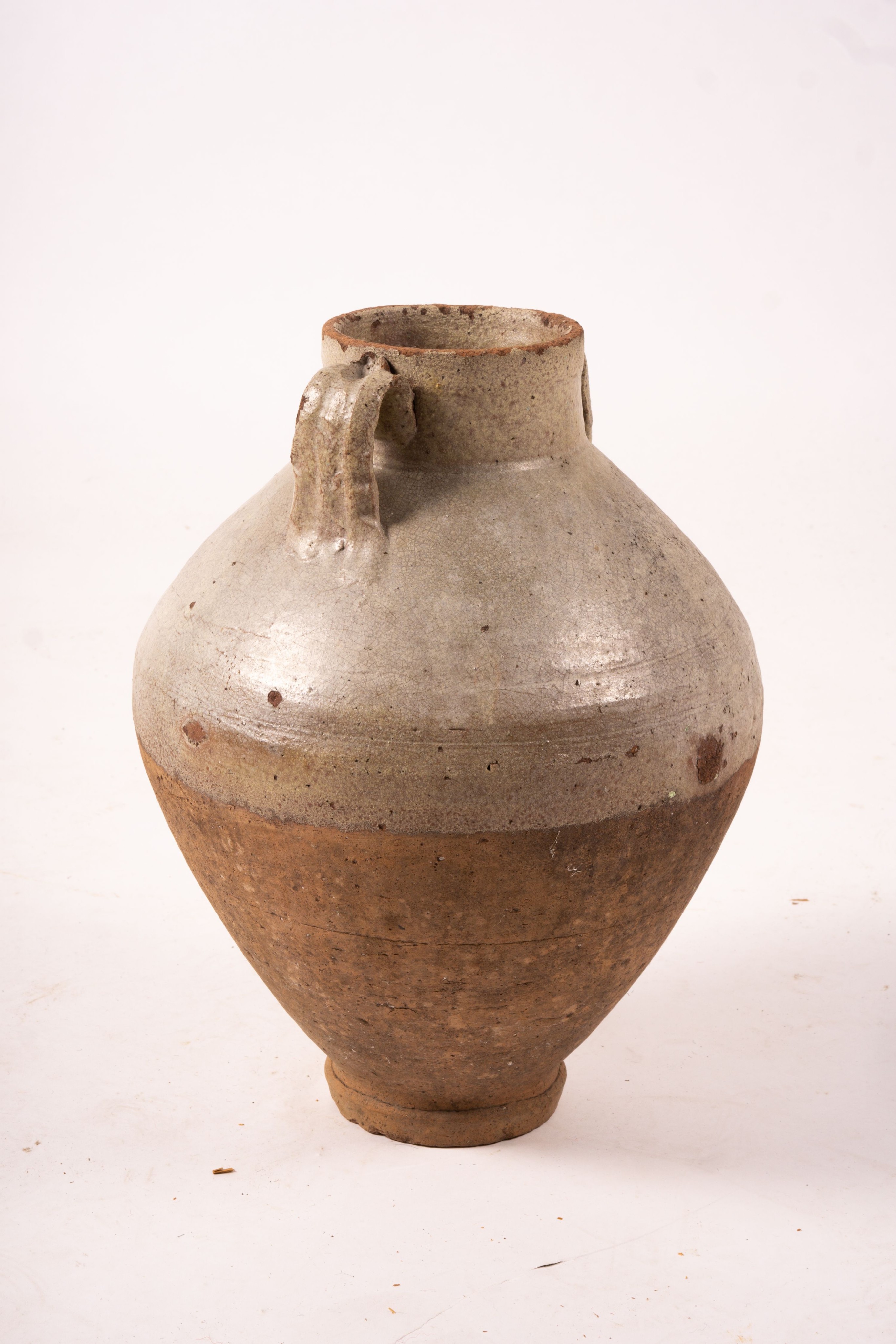 A Victorian iron bound staved oak jug, height 36cm, an amphora style pottery vase and a copper warming pan